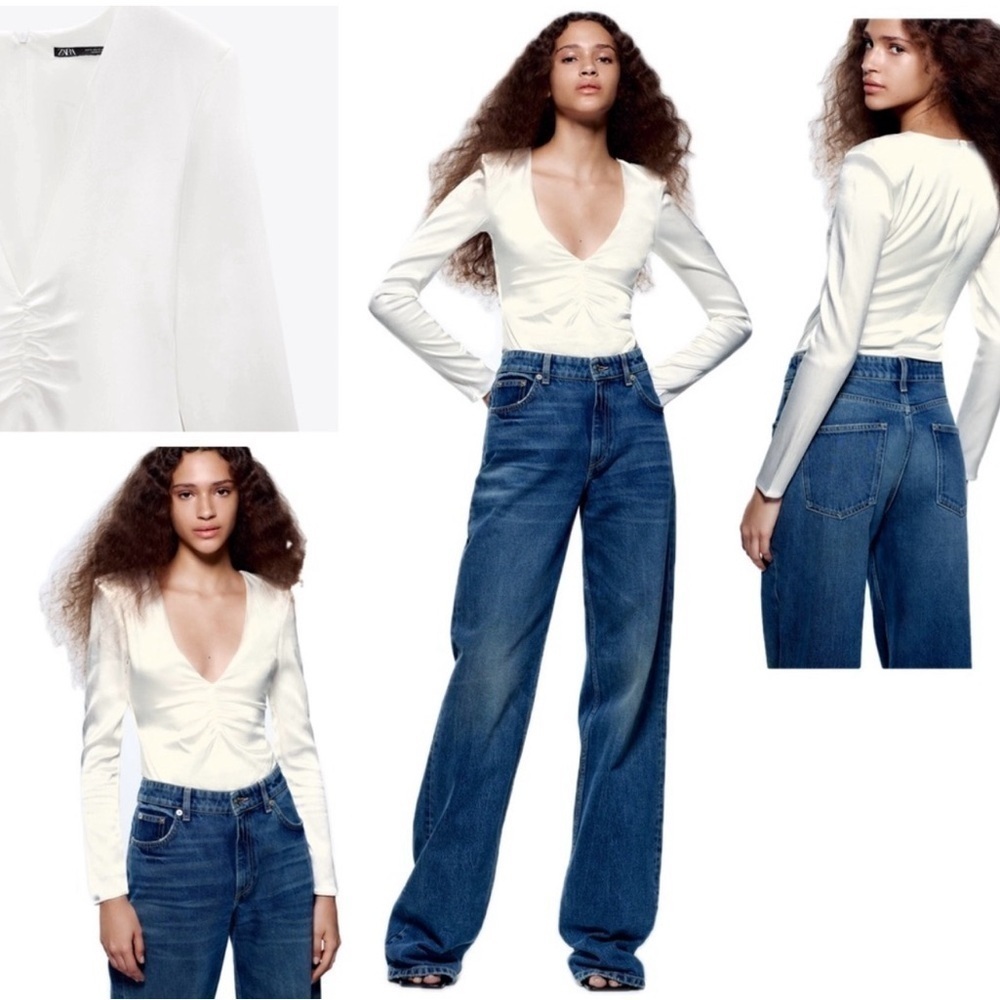 Zara white satin effect ruched long sleeve V-neck bodysuit Sz XL NWOT
